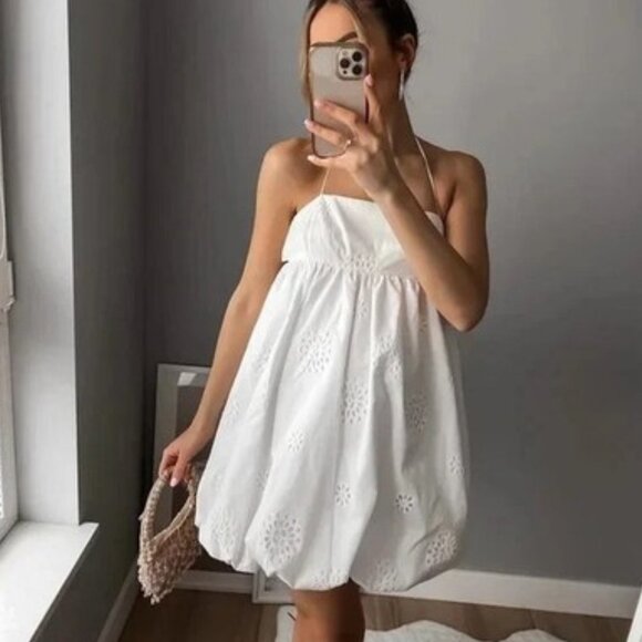 Zara Strapless Bubble Cotton Poplin Mini Dress White Size Medium Blogger Fav - Picture 6 of 11